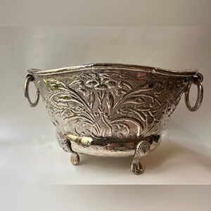 Silver Ornately Embossed Vintage Hammered Footed Planter, Bowl, Ice Bucket